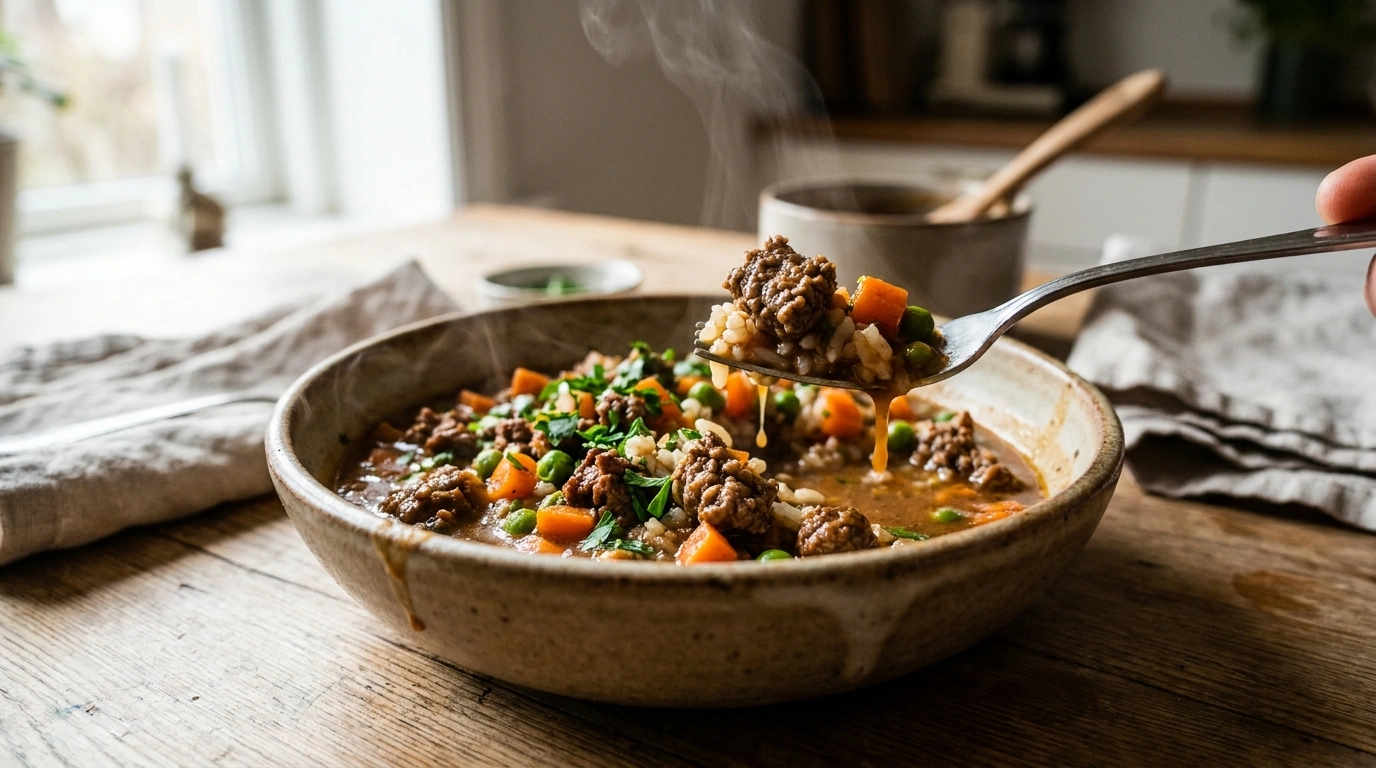 Hurtig aftensmad med hakket oksekød og ris